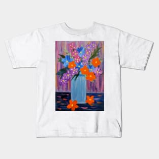 A beautiful bouquet of mixed flowers in a tall vase Kids T-Shirt